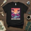 Retro t-shirt design featuring pink dinosaurs, palm trees, and a meteor shower with the text "Life Was Good"