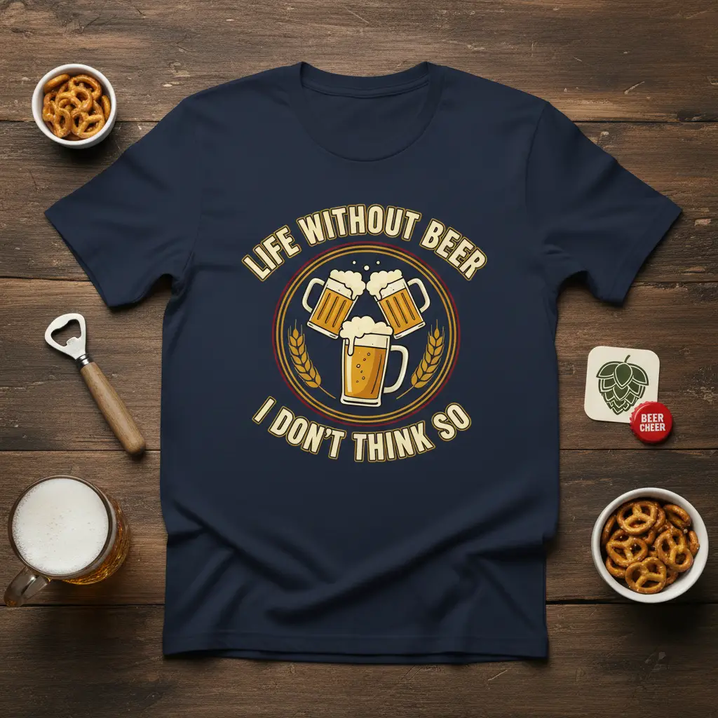 Life Without Beer I Don't Think So quote tee featuring three frothy beer mugs and wheat