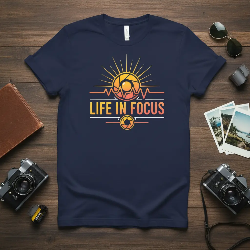 Life In Focus photography quote t-shirt with sun and camera aperture graphic, ideal for photo enthusiasts
