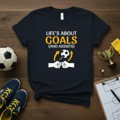 T-shirt featuring the quote "Life's About Goals (And Assists)" with a soccer ball and fist bump graphic