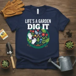 Life's a Garden Dig It t-shirt with gardening graphics, featuring white gloves, shovel, and flowers