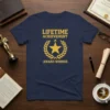 Navy t-shirt with gold text "LIFETIME ACHIEVEMENT AWARD WINNER" in a laurel wreath design