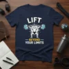 T-shirt with "LIFT BEYOND YOUR LIMITS" text and a graphic of a bodybuilder lifting a barbell