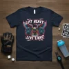 Lift Heavy Live Light t-shirt with an eagle holding a barbell, featuring bold red and blue text and accents