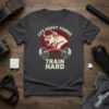 Lift Heavy Things Train Hard T-Shirt with bull and barbell graphic, motivational gym wear