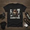 Black t-shirt with "Lift Heavy Workout Mode" text and a cartoon bear lifting a barbell
