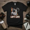 Lift Life text with a flexing arm holding a dumbbell on a black t-shirt