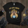 Lift Like A Queen text with a female weightlifter squatting a barbell, surrounded by flames and a diamond graphic