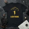 Black t-shirt featuring a yellow cloud with a lightning bolt and the word LIGHTNING in yellow text
