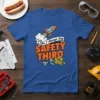 Blue t-shirt with "Like I Always Say SAFETY THIRD" text and a cartoon rocket blasting off, surrounded by tools and