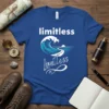 Limitless t-shirt design with a blue ocean wave and a road leading to the horizon, featuring the word "limitless" twice
