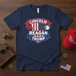 Navy t-shirt featuring "LINCOLN REAGAN TRUMP" in bold white text with red and blue accents, flanked by an elephant and