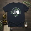 Navy t-shirt featuring LINI Est. 2024 Natural Botanicals logo with olive branches and text
