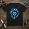 Black t-shirt featuring a blue Lion King Crown Shield graphic with a roaring lion and crown