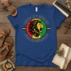 Lion of Judah Jah Rastafari text design with a roaring lion on a dark heather t-shirt, featuring red, yellow, and