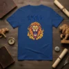 יהוה Lion of Judah T-Shirt with ancient Hebrew script and roaring lion graphic in blue and gold