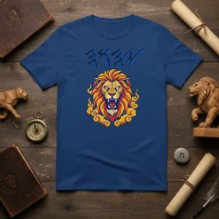 יהוה Lion of Judah T-Shirt with ancient Hebrew script and roaring lion graphic in blue and gold