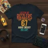 T-shirt with the text "Listen Up Rizzlers This Sigma Has 67 Aura Energy No Cap" in bold, distressed font