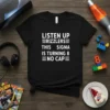 Black t-shirt with white text: LISTEN UP RIZZLERS THIS SIGMA IS TURNING 8 NO CAP, featuring modern slang and birthday