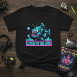 Black t-shirt with "Listen to the Lure" neon text and a cartoon anglerfish wearing headphones