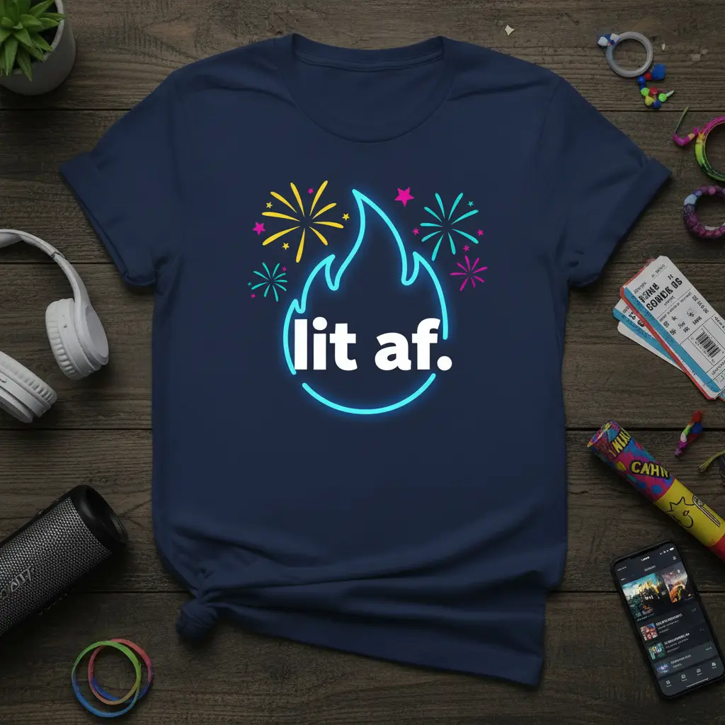 Lit Af. Neon Flame Party T-Shirt Fun Celebration