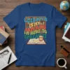 Literacy Is My Jam And I'm Here To Spread It quote on a blue t-shirt, featuring a bookshelf and open