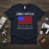 Navy blue t-shirt with "LITERALLY ADVERTISING 2024 for precedence" text and an American flag graphic