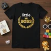 Black t-shirt with "little BOSS" text and gold crown and laurel wreath design, featuring a little boss theme