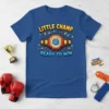 Little Champ Ready to Win text and championship belt graphic on a blue t-shirt for kids