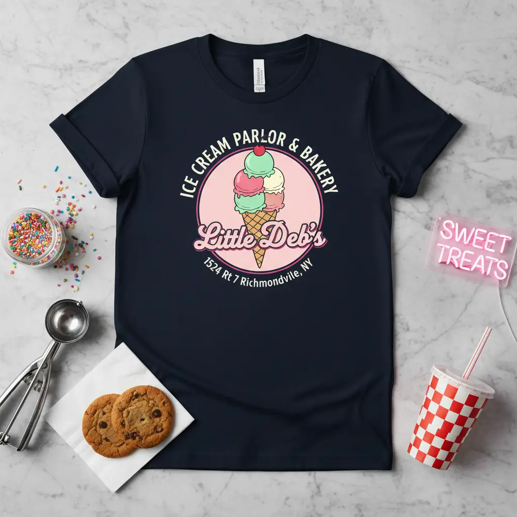 Retro ice cream cone graphic for Little Deb's Ice Cream Parlor & Bakery with establishment address