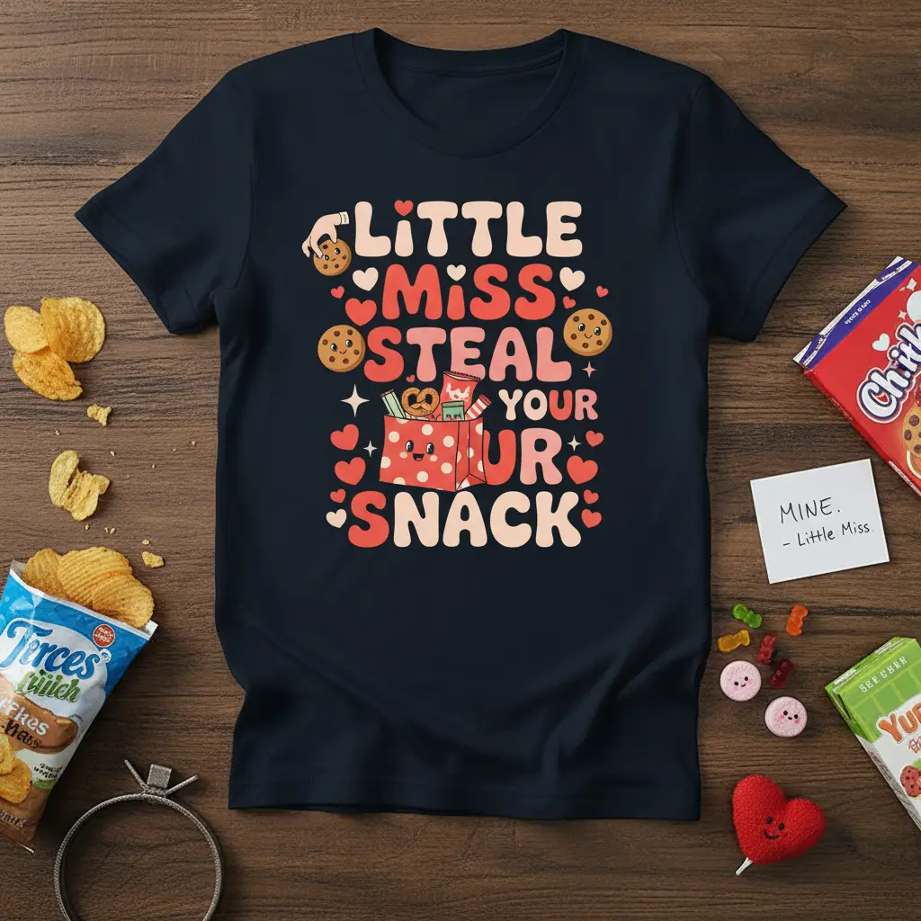 Little Miss Steal Your Snack quote t-shirt design with playful typography and snack graphics