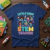 Little Miss STEM Teacher t-shirt design featuring cartoon children with science, technology, engineering, and math elements
