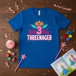Blue t-shirt with "Little Miss Threeager" text, a pink number 3, a crown, and wings graphic for a 3rd birthday