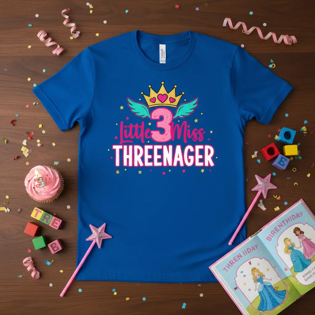 Little Miss Threeager 3rd Birthday Girl Crown T-Shirt
