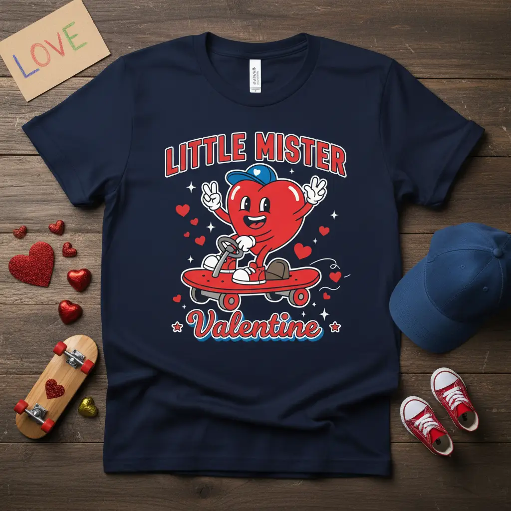 Little Mister Valentine boy's t-shirt design with a happy heart character skateboarding, text in red and blue