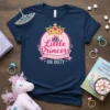 Little Princess ON DUTY ON DUTY text with crown and castle graphic on a navy t-shirt
