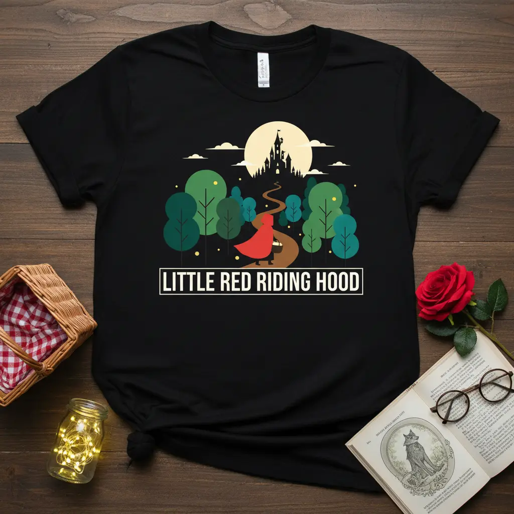 Little Red Riding Hood text on a black tee with a forest scene, castle, and moon illustration
