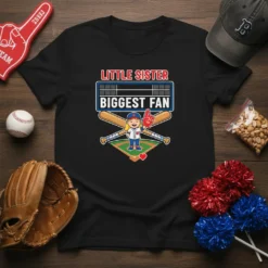 Little Sister Biggest Fan baseball design on a black t-shirt, featuring a girl with a foam finger and crossed bats