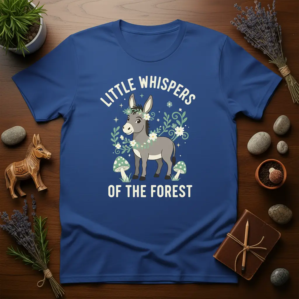 Little Whispers of the Forest design featuring a cute donkey, floral crown, mushrooms, and forest text