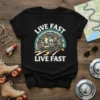 Live Fast Live Fast text with three raccoons on skateboards, wearing sunglasses, with a retro rainbow background