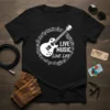 Live Music Love Life text with electric guitar and musical notes graphic on a black t-shirt