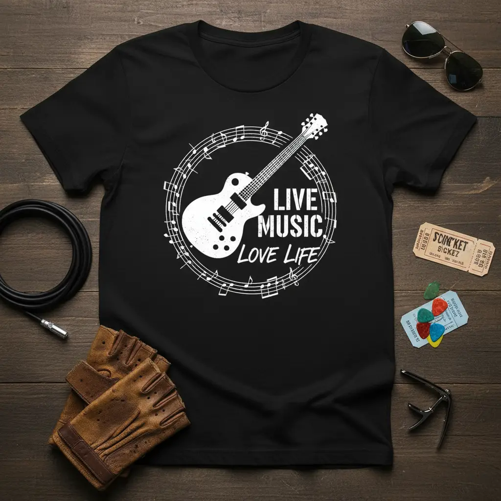 LIVE MUSIC LOVE LIFE quote with electric guitar and musical notes graphic on black t-shirt