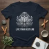T-shirt with "LIVE YOUR BEST LIFE" text and a silver lotus flower design, dark navy blue