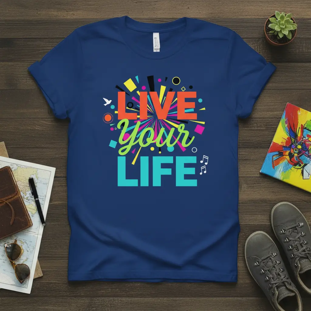 Live Your Life quote in energetic, multi-colored typography with abstract bursts and musical notes on a blue t-shirt