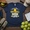 Livin' that SOFTBALL MOM LIFE text design with softball graphic and yellow hearts on a navy t-shirt