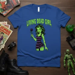 Living Dead Girl T-Shirt with a green zombie girl holding a black rose, dripping green text