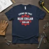 Navy t-shirt with "Living On That Blue Collar Dollar" text in white and red, featuring a gear graphic
