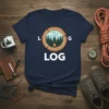 Living the Log Life camping t-shirt featuring a log slice graphic with a campfire and pine trees inside