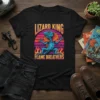 Lizard King Flame Breathers T-Shirt featuring a blue frilled lizard with flames and sunset graphic