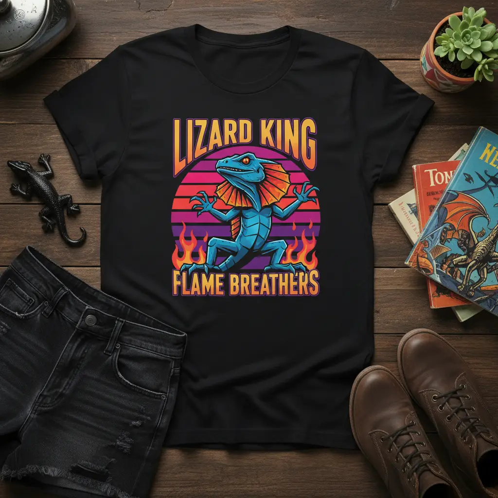 Blue frilled lizard with 'Lizard King Flame Breathers' text and fiery sunset graphic on t-shirt